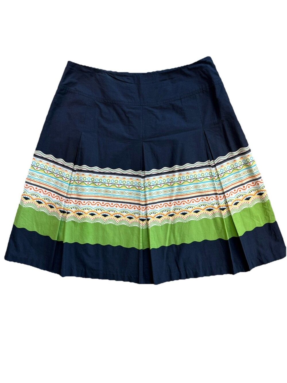 Talbots Navy Blue Geo Border Print A-Line Skirt Size 12 Preppy Coastal Aesthetic